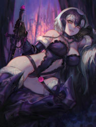 Rule 34 | 1girl, aoin, avenger class (fate), bare shoulders, black gloves, blonde hair, breasts, brown eyes, chain, elbow gloves, fate/grand order, fate (series), gloves, highleg, highleg leotard, highres, jeanne d&#039;arc (fate), jeanne d&#039;arc alter (avenger) (fate), jeanne d&#039;arc alter (avenger) (third ascension) (fate), jeanne d&#039;arc alter (fate), large breasts, legs, leotard, lips, long hair, looking at viewer, lying, naughty face, on side, parted lips, solo, sword, thighs, weapon