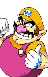 Rule 34 | 1boy, brown hair, clenched hand, facial hair, gloves, grin, hat, lowres, male focus, mario (series), mustache, nintendo, smile, solo, super mario bros. 1, suspenders, teeth, thumbs up, wario, wario land, warioware, white background