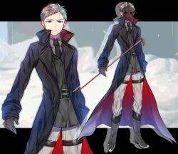 Rule 34 | 1boy, akirannu, belt, black belt, black coat, black necktie, blue eyes, boots, cane, closed mouth, coat, collared shirt, covered face, drop shadow, gloves, grey footwear, grey gloves, grey hair, grey shirt, grey vest, high collar, highres, holding, holding cane, knee boots, letterboxed, long coat, looking at viewer, male focus, multiple views, necktie, original, outside border, pants, plague doctor mask, shirt, short hair, sleeves past wrists, standing, thigh strap, variations, vest, white pants