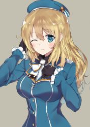 Rule 34 | 10s, 1girl, absurdres, atago (kancolle), bad id, bad pixiv id, blonde hair, blue eyes, blush, breasts, female focus, gloves, hat, highres, kantai collection, large breasts, long hair, looking at viewer, messy hair, one eye closed, purutabu, simple background, smile, solo, uniform