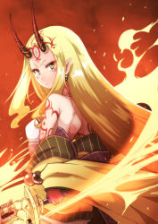 Rule 34 | &gt;:/, 1girl, :/, back, bare shoulders, blonde hair, breasts, closed mouth, cowboy shot, earrings, facial mark, fate/grand order, fate (series), fire, haku (grimjin), highres, holding, holding sword, holding weapon, horns, ibaraki douji (fate), japanese clothes, jewelry, kimono, long hair, long sleeves, looking at viewer, obi, off shoulder, oni, oni horns, pointy ears, sash, short eyebrows, sidelocks, small breasts, solo, sword, tattoo, v-shaped eyebrows, very long hair, weapon, wide sleeves, yellow eyes