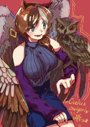 Rule 34 | 1girl, absurdres, asymmetrical hair, bird, blouse, blue eyes, commission, commissioner upload, estelle (cieluscian), hair over one eye, highres, md5 mismatch, multicolored hair, original, owl, purple shirt, shirt, simple background, skeb commission, smile, solo, ueno itu, wings