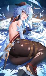 Rule 34 | 1girl, ahoge, amos&#039; bow (genshin impact), ass, bare shoulders, blue hair, blush, bodysuit, breasts, cameltoe, detached sleeves, ganyu (genshin impact), genshin impact, gloves, goat horns, health bar, highres, horns, leotard, long hair, looking at viewer, lying, medium breasts, on side, pantyhose, purple eyes, sideboob, solo, sweat, thick thighs, thighs, torn clothes, very long hair, weapon, yuzuyu