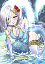 Rule 34 | 1girl, absurdres, armband, blue eyes, breasts, cleavage, dress, fang, female focus, flower, hair flower, hair ornament, highres, large breasts, long hair, monster girl, nekotama1987, original, panties, partially submerged, solo, tail, underwear, webbed hands, white hair