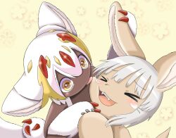 Rule 34 | &gt; &lt;, 1girl, 1other, animal ears, bad id, bad twitter id, black skin, blonde hair, claws, colored skin, extra arms, fangs, faputa, furry, highres, inactive account, licking, licking another&#039;s face, made in abyss, monster girl, multicolored hair, nanachi (made in abyss), open mouth, pita9412, rabbit ears, tongue, tongue out, whiskers, white hair, yellow eyes