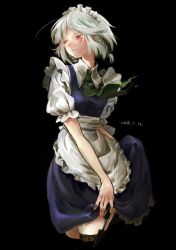 Rule 34 | 1girl, apron, ascot, black background, bow, braid, chabi (amedama), dagger, dated, frills, hair bow, hair ornament, izayoi sakuya, knife, looking away, maid headdress, parted lips, puffy sleeves, red eyes, shirt, short hair, short sleeves, silver hair, simple background, skirt, skirt set, smile, solo, touhou, twin braids, vest, waist apron, weapon