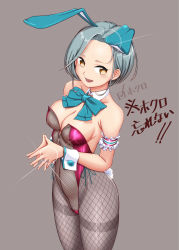 Rule 34 | 1girl, absurdres, adapted costume, animal ears, aqua bow, aqua bowtie, bow, bowtie, breasts, commentary request, covered erect nipples, detached collar, fake animal ears, fake tail, fishnet leotard, fishnet pantyhose, fishnets, forehead, grey hair, grey pantyhose, highres, jewelry, kantai collection, leotard, medium breasts, meme attire, moke ro, mole, mole on neck, pantyhose, playboy bunny, rabbit ears, rabbit tail, ring, short hair, solo, strapless, strapless leotard, swept bangs, tail, tamanami (kancolle), thighband pantyhose, translucent bunnysuit, wedding band, wrist cuffs, yellow eyes