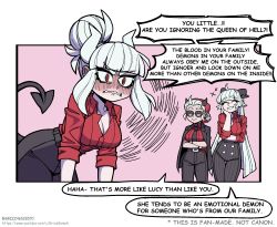 Rule 34 | +++, 3girls, animal ears, baphomet (grizz), black horns, black jacket, black tail, blush, breasts, commentary, crossed arms, demon girl, demon horns, demon tail, english commentary, english text, goat ears, goat horns, grizz, hairband, head rest, helltaker, highres, horns, jacket, jacket on shoulders, justice (helltaker), large breasts, long hair, lucifer (helltaker), mole, mole under eye, multiple girls, necktie, pants, red eyes, red shirt, shirt, striped clothes, striped pants, sunglasses, suspenders, tail, typo, vanripper (style), white hair, white horns