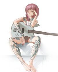 Rule 34 | 1girl, absurdres, arm support, arm tattoo, barefoot, bocchi the rock!, border, braid, commentary, completely nude, convenient censoring, drinking straw, drinking straw in mouth, electric guitar, english commentary, expressionless, full body, guitar, highres, hiroi kikuri, holding, holding guitar, holding instrument, instrument, juice box, leg tattoo, long hair, mawaw, neck tattoo, nude, pink eyes, pink hair, sitting, solo, spread legs, stomach tattoo, tattoo, toes, white border