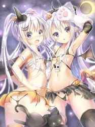 Rule 34 | 2girls, :o, animal, animal ears, animal hands, arm up, armpits, ass, bad id, bad pixiv id, bandages, bare shoulders, bat hair ornament, bell, bikini, black bikini, black legwear, blush, bow, breasts, cameltoe, candy hair ornament, cat, cat ears, cat tail, commentary, crescent moon, demon wings, elbow gloves, fang, female focus, flat chest, food-themed hair ornament, gem, gloves, gluteal fold, groin, hair bell, hair bow, hair ornament, hair rings, halloween, happy halloween, hat, highres, jack-o&#039;-lantern, jack-o&#039;-lantern hair ornament, jewelry, jingle bell, long hair, looking at viewer, looking back, micro bikini, mini hat, moon, multiple girls, natuna natu, navel, necklace, nose blush, open mouth, original, partially visible vulva, paw gloves, polka dot, polka dot bow, purple eyes, sarashi, sidelocks, silver hair, skull, small breasts, swimsuit, tail, tail bell, tail bow, tail ornament, tearing up, tears, thighhighs, twintails, untied bikini, wings, witch hat