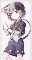 Rule 34 | 1girl, :t, animal ears, blush, capelet, cowboy shot, floppy ears, grey hair, grey skirt, highres, jewelry, kibayashi kimori, leg up, long sleeves, looking at viewer, miniskirt, mouse ears, mouse tail, nazrin, pendant, red eyes, shirt, short hair, simple background, skirt, sleeve cuffs, solo, tail, touhou, white background, white shirt