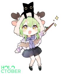 Rule 34 | 1girl, :d, animal, animal ears, animal hood, animal on head, bare shoulders, black skirt, bobby socks, cat, cat on head, ceres fauna, ceres fauna (jirai kei), chibi, commentary, deer hood, fake animal ears, fake horns, frilled socks, frills, full body, green hair, highres, holding, holding stick, hololive, hololive english, hood, hood up, horned hood, horns, long hair, long sleeves, looking at viewer, mary janes, miniskirt, nano (nanojyaa), official alternate costume, on head, open mouth, shirt, shoes, simple background, skirt, smile, snail (ceres fauna), socks, solo, stick, virtual youtuber, white background, white shirt, yellow eyes