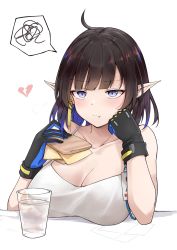 Rule 34 | 1girl, absurdres, ahoge, arknights, bare arms, bare shoulders, black gloves, black hair, blue eyes, blush, breasts, broken heart, camisole, cleavage, collarbone, commentary request, cup, drinking glass, eunectes (arknights), eunectes (forgemaster) (arknights), food, gloves, hands up, heart, highres, holding, holding food, large breasts, mango (mgo), official alternate costume, pointy ears, sandwich, short hair, simple background, solo, spaghetti strap, spoken squiggle, squiggle, upper body, white background