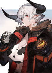 Rule 34 | 1girl, 2021, animal print, black gloves, black horns, black jacket, breasts, chinese zodiac, cleavage, commentary request, cow print, duplicate, expressionless, from side, fur-trimmed jacket, fur trim, gloves, highres, holding carton, horns, jacket, kureta (nikogori), large breasts, milk carton, navel, original, pixel-perfect duplicate, pointy ears, red eyes, short hair, solo, sports bra, traditional media, white hair, year of the ox