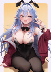 Rule 34 | 1girl, animal ears, armpits, bare shoulders, black leotard, blue eyes, blue hair, bow, bowtie, breasts, brown pantyhose, cleavage, detached collar, fake animal ears, hair intakes, hand up, highleg, highleg leotard, highres, jacket, large breasts, leotard, long hair, long sleeves, looking at viewer, off shoulder, open clothes, open jacket, open mouth, original, pantyhose, playboy bunny, pointy ears, rabbit ears, red jacket, sitting, skindentation, smile, solo, strapless, strapless leotard, wrist cuffs, zhaofeng yinyue