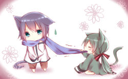 Rule 34 | 1boy, 1girl, animal ears, bad id, bad pixiv id, blue eyes, blue hair, blue scarf, cat ears, cat tail, chibi, closed eyes, green hair, hatsune miku, kaito (vocaloid), kemonomimi mode, misa (kaeruhitode), scarf, tail, twintails, vocaloid