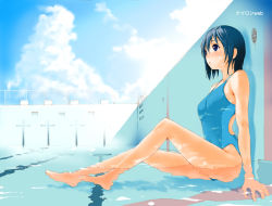 Rule 34 | 1girl, barefoot, blue eyes, blue hair, cloud, competition swimsuit, day, empty pool, feet, frogman, from side, izumi haruka, matching hair/eyes, nylon (nylon 100%), official art, one-piece swimsuit, pool, pool ladder, shallow water, short hair, sitting, soaking feet, solo, submerged, swimsuit, water, wet