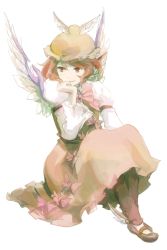 Rule 34 | 1girl, animal ears, dress, female focus, full body, hand on own chin, hat, light smile, mary janes, mystia lorelei, red eyes, red hair, shoes, short hair, simple background, sitting, smile, solo, touhou, unagi77, white background, winged footwear, wings