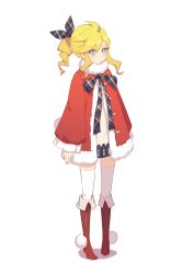 Rule 34 | 1girl, absurdres, blonde hair, blue eyes, blush, boots, bow, bowtie, capelet, christmas, dress, drill hair, full body, fur collar, highres, long sleeves, mosquito coils, panty &amp; stocking with garterbelt, panty (psg), plaid, plaid bow, plaid bowtie, plaid neckwear, ponytail, simple background, solo, thighhighs, white background, wide sleeves