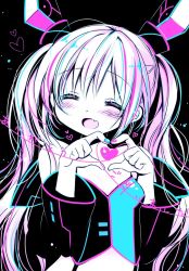 Rule 34 | 1girl, :d, ^ ^, bare shoulders, black background, blue nails, blush, breasts, closed eyes, commentary request, detached sleeves, fang, hair between eyes, hands up, headgear, heart, heart hands, long hair, long sleeves, nail polish, open mouth, original, pink nails, sakurazawa izumi, simple background, small breasts, smile, solo, twintails, upper body, very long hair, wide sleeves