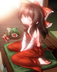 Rule 34 | 1girl, alternate costume, bad id, bad pixiv id, bare shoulders, brown hair, closed eyes, colored eyelashes, commentary request, cushion, detached sleeves, hair ribbon, hair tubes, hakurei reimu, highres, naked overalls, overalls, pouty lips, ribbon, saodake, sitting, solo, strap slip, tatami, touhou, v arms, wariza, wooden floor