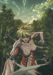 Rule 34 | 2boys, 2girls, absurdres, angry, auruo bossard, blonde hair, blue eyes, breasts, brown hair, clenched teeth, erd gin, female titan, fighting, forest, giant, giantess, highres, multiple boys, multiple girls, muscular, nature, official art, petra ral, running, shingeki no kyojin, short hair, sword, teeth, three-dimensional maneuver gear, titan (shingeki no kyojin), tree, weapon