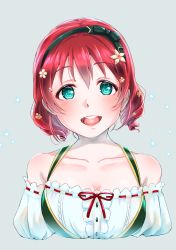 Rule 34 | 1girl, :d, absurdres, blush, bow, bow hairband, breasts, cleavage, collarbone, cropped arms, cropped torso, dress shirt, green bow, green eyes, green hairband, grey background, hair between eyes, hair bow, hairband, highres, kobayashi nyoromichi, kurosawa ruby, love live!, love live! nijigasaki high school idol club, love live! sunshine!!, off-shoulder shirt, off shoulder, open mouth, red hair, red ribbon, ribbon, ribbon-trimmed shirt, shirt, short hair, small breasts, smile, solo, upper body, white shirt