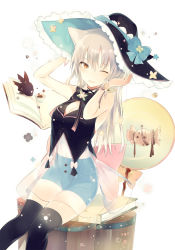 Rule 34 | 1girl, ;), animal ears, black thighhighs, blush, book, breasts, brown eyes, candy, cat ears, cleavage, food, grey hair, hat, high-waist shorts, highres, knees together feet apart, long hair, looking at viewer, lpip, medium breasts, one eye closed, open book, original, parted lips, see-through, shorts, sitting, smile, solo, thighhighs, tsurime, vest, witch hat