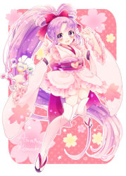 Rule 34 | 10s, 1girl, alternate form, blush, boots, bow, bow-shaped hair, brooch, cure fortune, cure fortune (anmitsu komachi), detached sleeves, floral print, frilled kimono, frills, hair bow, happinesscharge precure!, heart, heart brooch, hikawa iona, japanese clothes, jewelry, kimono, long hair, magical girl, obi, open mouth, ponytail, precure, purple eyes, purple hair, sandals, sash, short kimono, solo, tabi, thigh boots, thighhighs, uzuki aki, very long hair, white thighhighs, wide ponytail, wide sleeves, zouri