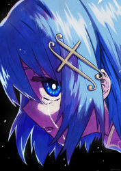 Rule 34 | 1girl, absurdres, black background, blue eyes, blue hair, crying, crying with eyes open, fortissimo, from side, gami (gami37260414), hair ornament, highres, looking at viewer, looking to the side, mahou shoujo madoka magica, mahou shoujo madoka magica (anime), mahou shoujo madoka magica movie 1 &amp; 2, miki sayaka, musical note, musical note hair ornament, parted lips, portrait, short hair, solo, tears, twitter username