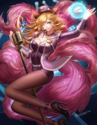 Rule 34 | 1girl, ahri (league of legends), alternate color, alternate costume, alternate eye color, alternate hair color, animal ears, beamed quavers, belt, between legs, black pantyhose, bow, breasts, citemer, cleavage, cosplay, dress, energy ball, epaulettes, facial mark, floating hair, fox ears, fox girl, fox tail, from side, full body, girls&#039; generation, glowing, grin, hat, hat bow, head tilt, headset, heart, high heels, highres, holding, idol, jacket, jewelry, large breasts, league of legends, lights, liuruoyu8888, long hair, looking at viewer, magic, microphone stand, multiple tails, musical note, necklace, one eye closed, open clothes, open jacket, pantyhose, peaked cap, pencil skirt, pendant, pink dress, pink skirt, popstar ahri, purple heels, quaver, shoes, short shorts, shorts, signature, skirt, slit pupils, smile, solo, sparkle, stage lights, stiletto heels, swept bangs, tail, whisker markings, yellow eyes, zipper