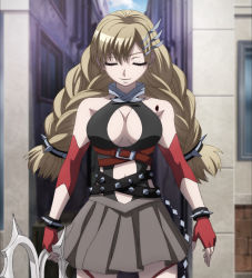 Rule 34 | 1girl, abigail (mahou shoujo tokushusen asuka), asymmetrical bangs, bare shoulders, belt, blonde hair, blood, bracelet, braid, breasts, building, cleavage, cleavage cutout, closed eyes, closed mouth, clothing cutout, day, female focus, fingerless gloves, gloves, grey skirt, hair between eyes, hair ornament, hairclip, head down, highres, holding, holding weapon, injury, jewelry, large breasts, long hair, magical girl, mahou shoujo tokushusen asuka, multiple belts, navel, navel cutout, neck, neck ring, outdoors, pleated skirt, red gloves, revealing clothes, screencap, skirt, sky, smile, solo, spiked bracelet, spiked hair ornament, spikes, standing, stitched, third-party edit, twin braids, weapon