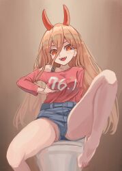 Rule 34 | 1girl, absurdres, bare legs, barefoot, blonde hair, blue shorts, breasts, brown background, chainsaw man, cross-shaped pupils, demon horns, grabbing own breast, gradient background, highres, horns, long sleeves, medium breasts, open mouth, orange eyes, power (chainsaw man), red horns, red shirt, sharp teeth, shirt, shirt tucked in, short shorts, shorts, sitting, spread legs, symbol-shaped pupils, teeth, toilet, tomo 527, v-shaped eyebrows