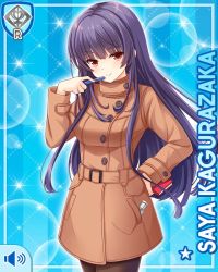 Rule 34 | 1girl, blue background, bow, brown coat, card, character name, closed mouth, coat, girlfriend (kari), grey leggings, kagurazaka saya, leggings, loafers, long hair, long sleeves, looking at viewer, official art, plaid, plaid skirt, pleated skirt, purple hair, qp:flapper, red bow, red eyes, red skirt, shoes, skirt, smile, solo, tagme, winter clothes, winter coat