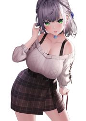 Rule 34 | 1girl, :d, aya (lezon), black choker, blunt bangs, blush, bra strap, braid, breasts, brown skirt, casual, choker, cleavage, collarbone, commentary request, contrapposto, cowboy shot, green eyes, grey sweater, twirling hair, high-waist skirt, highres, holding, hololive, large breasts, long sleeves, looking at viewer, off-shoulder sweater, off shoulder, open mouth, plaid, plaid skirt, shirogane noel, shirogane noel (casual), short hair, silver hair, simple background, skirt, smile, snowflake ornament, solo, sweater, virtual youtuber, white background