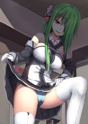 Rule 34 | 1girl, admiral hipper (warship girls r), bare shoulders, black skirt, blue panties, breasts, cameltoe, clothes lift, detached sleeves, gloves, glowing, glowing eyes, green hair, hair over one eye, headgear, highres, indoors, knee up, large breasts, lifted by self, long hair, looking at viewer, naughty face, night, panties, parted lips, red eyes, shade, sidelocks, skirt, skirt lift, smile, solo, srwsrx (gp03dsrx), thighhighs, thighs, underwear, warship girls r, white gloves, white thighhighs
