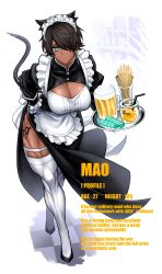 Rule 34 | 1girl, absurdres, apron, blue eyes, breasts, brown hair, cleavage, dark-skinned female, dark skin, english text, engrish text, frills, hair over one eye, highres, large breasts, maid, maid apron, maid headdress, muscular, muscular female, original, puffy sleeves, ranguage, short hair, simple background, solo, tattoo, thighhighs, waist apron, white thighhighs, yotaro