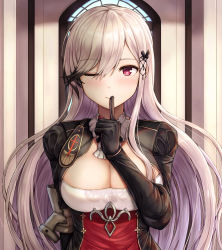Rule 34 | 1girl, azur lane, black gloves, black hair, breasts, buran (22x), butterfly hair ornament, cleavage, closed mouth, detached collar, dunkerque (azur lane), gloves, grey hair, hair between eyes, hair ornament, highres, indoors, large breasts, long hair, long sleeves, looking at viewer, multicolored hair, one eye closed, purple eyes, sidelocks, smile, solo