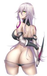 Rule 34 | 1girl, ass, bandaged arm, bandages, bare shoulders, black gloves, black panties, breasts, butt crack, cropped legs, dagger, dimples of venus, fate/apocrypha, fate (series), gloves, highres, jack the ripper (fate/apocrypha), knife, large breasts, long hair, looking at viewer, looking back, aged up, panties, scar, scar across eye, scar on face, shiroshisu, solo, underwear, weapon, white hair, yellow eyes