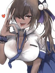 Rule 34 | 1girl, bead bracelet, beads, black collar, black panties, blue necktie, bracelet, breasts, brown eyes, brown hair, cleavage, collar, collared shirt, dark-skinned female, dark skin, fellatio gesture, goddess of victory: nikke, hair ornament, heart, heart-shaped pupils, highres, jewelry, large breasts, leaning forward, looking at viewer, loose necktie, mouth hold, naga (nikke), necktie, one eye covered, open mouth, panties, pleated skirt, saliva, saliva trail, scrunchie, shirt, short sleeves, side ponytail, skirt, sky, solo, string panties, striped necktie, symbol-shaped pupils, tongue, tongue out, underwear, white shirt, wrist scrunchie, yakii (yak11)