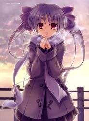 Rule 34 | 1girl, absurdres, blush, breath, coat, fujisaki rei, highres, light smile, long hair, long sleeves, looking at viewer, original, outdoors, own hands together, pleated skirt, purple hair, railing, red eyes, scarf, skirt, sky, sleeves past wrists, solo, translated, twintails