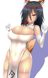 Rule 34 | 1girl, animal ears, bare shoulders, black hair, breasts, center opening, cleavage, cleavage cutout, clothing cutout, fox ears, fox tail, highres, huge breasts, kuchinashi (souma), original, red eyes, short hair, simple background, solo, souma (ordures), tail