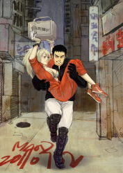 Rule 34 | 1boy, 1girl, aikawa (dorohedoro), aikawa you, black eyes, black hair, blonde hair, bracelet, breasts, building, carrying, city, cleavage, couple, dorohedoro, eye contact, gloves, grate, grin, hetero, holding up, jacket, jewelry, knee pads, large breasts, leg armor, looking at another, nikaidou (dorohedoro), princess carry, sewer grate, shoes, sketch, smile, sneakers, zipper