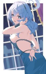 Rule 34 | 1girl, ako (blue archive), ako (dress) (blue archive), ass, backless dress, backless outfit, black hairband, blue archive, blue eyes, blue hair, blue halo, blush, breasts, cuffs, dress, fingernails, hair between eyes, hairband, halo, handcuffs, highres, keita (kta0), large breasts, long hair, looking at viewer, nail polish, official alternate costume, open mouth, purple nails, sideboob, sleeveless, sleeveless dress, solo