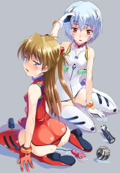 Rule 34 | 2girls, adapted costume, angel (evangelion), arm support, asaki takayuki, ass, ayanami rei, ball, bare shoulders, blue eyes, blue hair, blush, bottomless, bracer, breasts, brown hair, censored, convenient censoring, covered erect nipples, dildo, from side, full body, gloves, groin, hair between eyes, hair censor, half-closed eyes, halftone, halterneck, hand on own head, headgear, interface headset, leliel (evangelion), leotard, long hair, looking at viewer, looking back, multiple girls, neon genesis evangelion, open mouth, pilot suit, plugsuit, pussy juice, pussy juice puddle, raised eyebrows, red eyes, red legwear, red leotard, remote control vibrator, sachiel (evangelion), saliva, seiza, sex toy, shadow, shamshel (evangelion), short hair, simple background, sitting, small breasts, souryuu asuka langley, sweat, textless version, thighhighs, turtleneck, two side up, vibrator, white legwear, yokozuwari