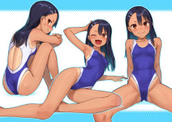 Rule 34 | 1girl, ass, back, barefoot, black hair, blue one-piece swimsuit, blush, breasts, brown eyes, cameltoe, competition swimsuit, fang, female focus, hair ornament, hairclip, highleg, highleg swimsuit, highres, ijiranaide nagatoro-san, kawakami rokkaku, long hair, looking at viewer, lying, multicolored clothes, multicolored swimsuit, multiple views, nagatoro hayase, one-piece swimsuit, one-piece tan, one eye closed, open mouth, skin fang, small breasts, smile, spread legs, swimsuit, tan, tanline