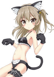 Rule 34 | 1girl, animal ears, animal hands, bell, black bra, black panties, black ribbon, blush, bow, bow bra, bra, breasts, bridal garter, brown eyes, cat ears, cat tail, claws, commentary, cowboy shot, dutch angle, fake animal ears, fake tail, flipper, frilled bra, frills, girls und panzer, gloves, hair ribbon, highres, jingle bell, leaning forward, light brown hair, long hair, looking at viewer, one side up, panties, parted lips, paw gloves, ribbon, shimada arisu, simple background, small breasts, solo, standing, tail, underwear, underwear only, white background