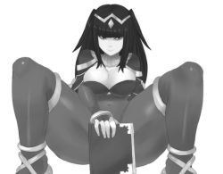 Rule 34 | 1girl, armor, bad id, bad tumblr id, blunt bangs, bodysuit, book, breasts, cape, cleavage, covering privates, covering crotch, female focus, fire emblem, fire emblem awakening, greyscale, large breasts, long hair, mato spectoru, monochrome, naughty face, nintendo, pauldrons, shoulder armor, solo, spread legs, squatting, tharja (fire emblem), tiara, two side up