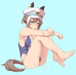 Rule 34 | 1girl, absurdres, animal ears, bare shoulders, barefoot, blue eyes, blue one-piece swimsuit, blush, breasts, cheval grand (umamusume), cleavage, closed mouth, commentary request, ear covers, feet, hair between eyes, hakutaqanta, hat, highres, horse ears, horse girl, horse tail, knees up, light blue background, looking at viewer, medium breasts, multicolored hair, one-piece swimsuit, peaked cap, simple background, smile, solo, streaked hair, swimsuit, tail, toes, umamusume, white hair