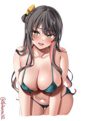 Rule 34 | 1girl, bare shoulders, bikini, black hair, blush, bow, breasts, collarbone, colored inner hair, cropped arms, cropped legs, ebifurya, fang, green eyes, hair bow, hanging breasts, highres, kantai collection, large breasts, leaning forward, long hair, looking at viewer, multicolored hair, naganami (kancolle), navel, one-hour drawing challenge, open mouth, pink hair, simple background, skindentation, smile, solo, swimsuit, thigh gap, thighs, twitter username, two-tone hair, very long hair, white background, yellow bow